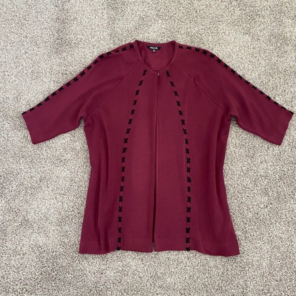 Misook‎ Knit Tunic Cardigan Burgundy Hook Closure X Stitch Half Sleeve Women PXL
